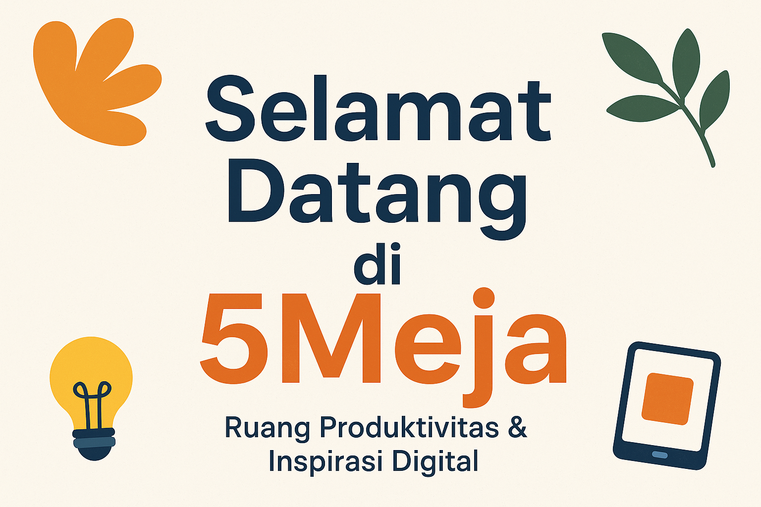 “Ilustrasi bertema minimalis dengan teks ‘Selamat Datang di 5Meja — Ruang Produktivitas & Inspirasi Digital’, dihiasi ikon lampu, daun, bentuk abstrak, dan tablet.”